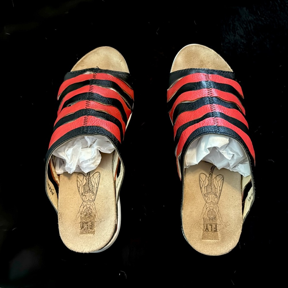 Fly London Red & Black Leather Wedge Sandals with Cork/Rubber soles; Size 41 Eu